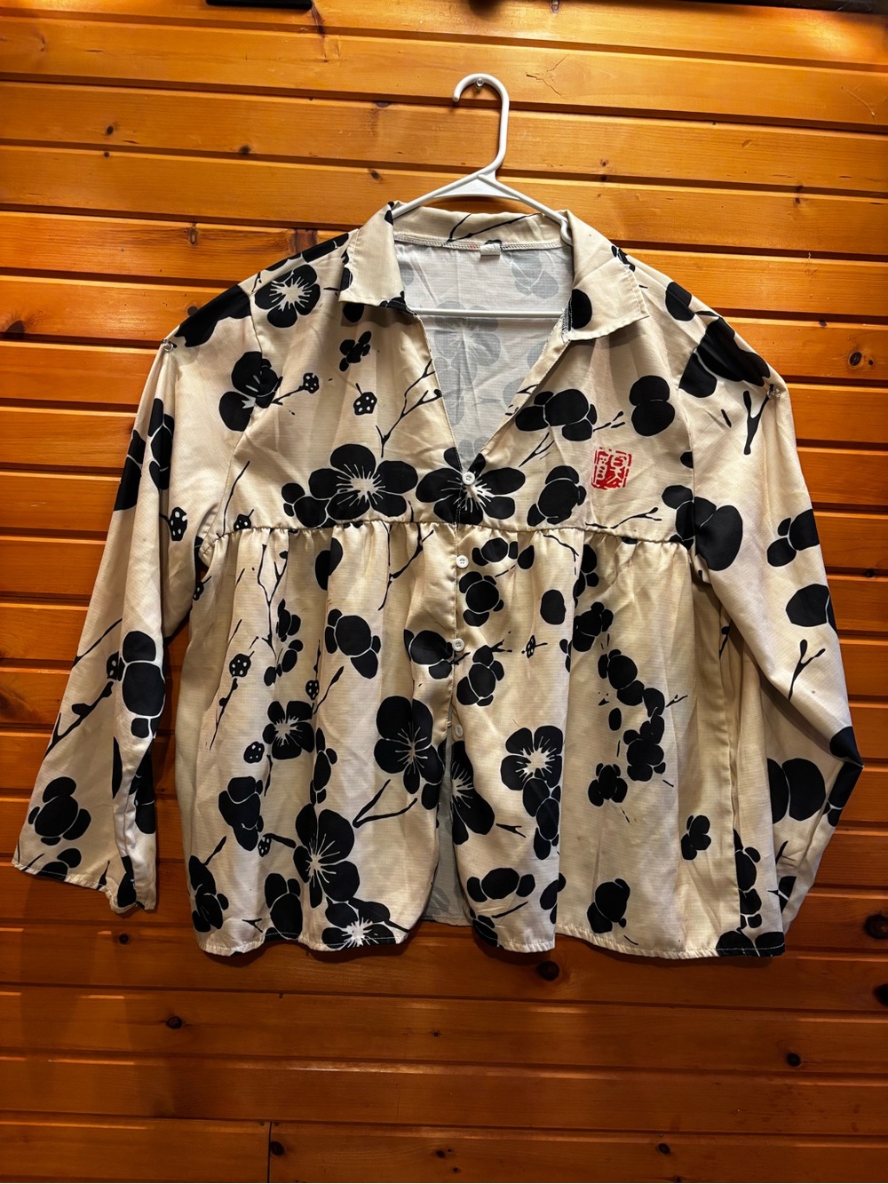 Cream and Black Floral Button-Up Top